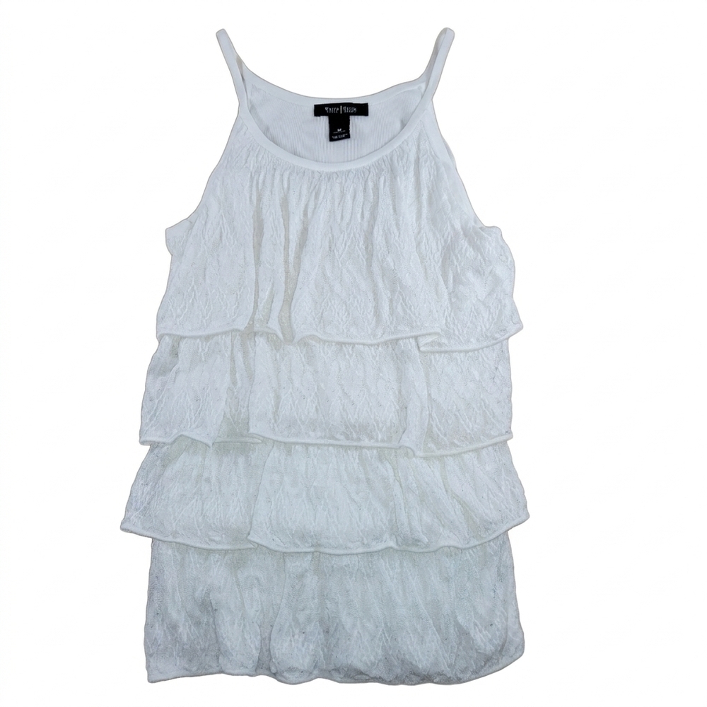 Tiered Lace Knit Tank Top Womens M Ecru Off-White Ruffle Boho Cottagecore